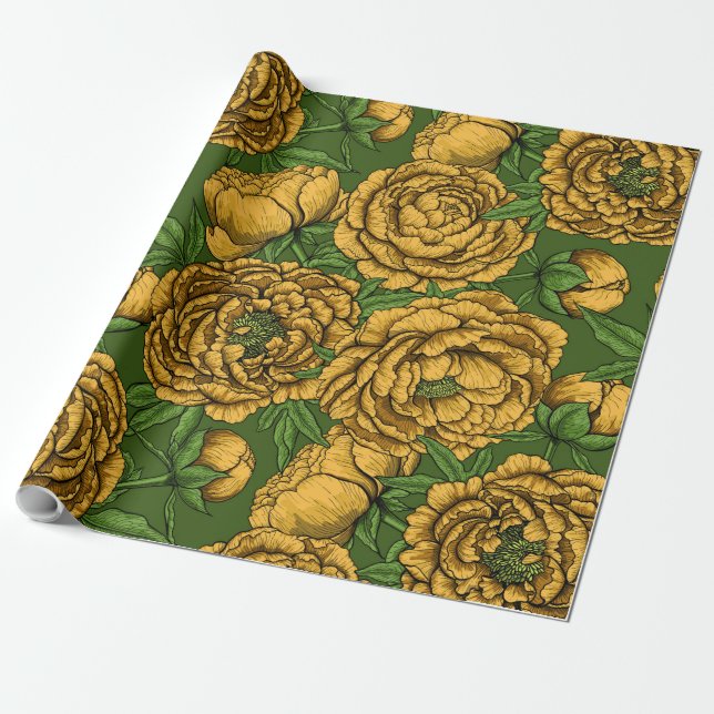 Yellow peony bouquet wrapping paper (Unrolled)
