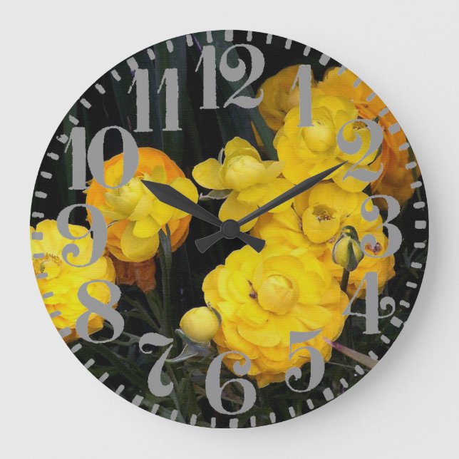 Yellow Peony Flowers Big Number Wall Clock (Front)