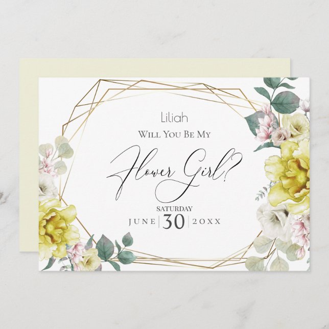 Yellow Peony Flowers  Will You Be My Flower Girl Invitation (Front/Back)
