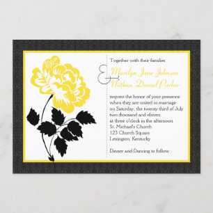 Yellow Peony on White with Charcoal Black Damask Invitation