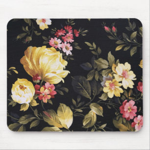 yellow peony pattern on black mouse pad