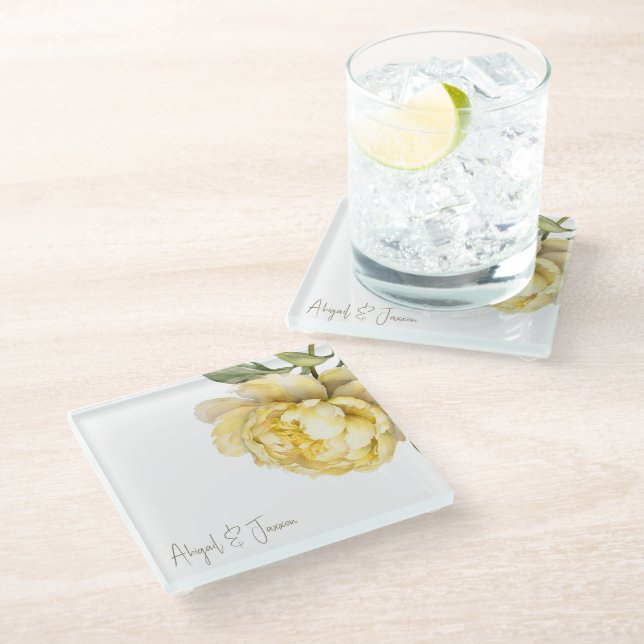 Yellow Peony Personalized Names  Glass Coaster (Angled)