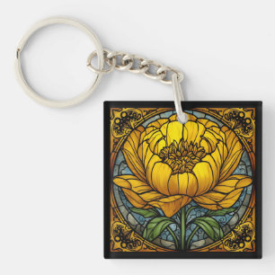 Yellow Peony Stained Glass Key Ring