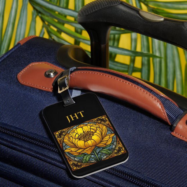 Yellow Peony Stained Glass Luggage Tag (Front Insitu 1)