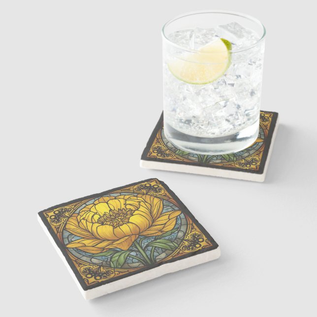 Yellow Peony Stained Glass Stone Coaster (Side)