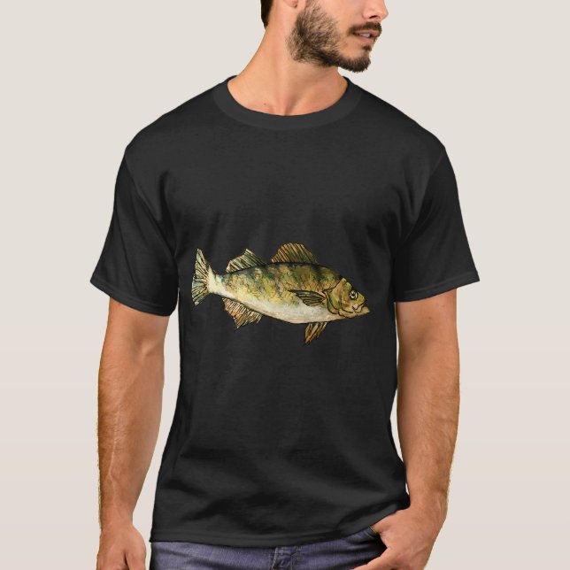Yellow Perch Fish Drawing- Dark Green T-Shirt (Front)