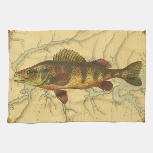 Yellow Perch on Map Tea Towel (Horizontal)