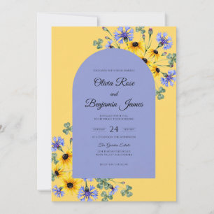 Yellow Periwinkle Sunflower Grey Eucalyptus Weddin Invitation