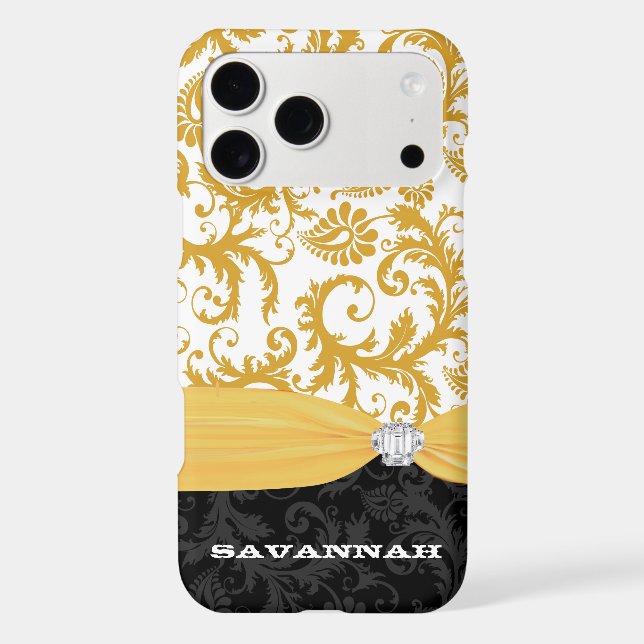 Yellow Personalised Faux Rhinestone Damask iPhone (Back)