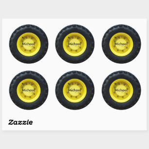 yellow personalised name tractor wheel tire classic round sticker