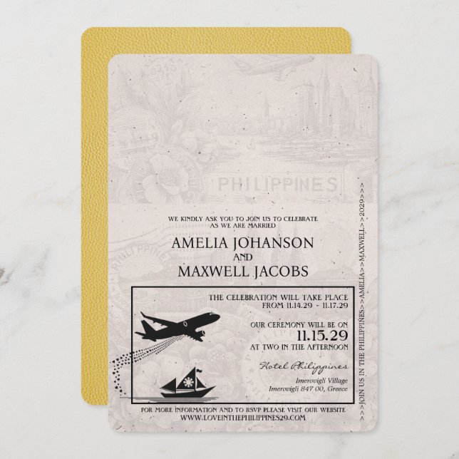 Yellow Philippines Passport Wedding Invitation (Front/Back)