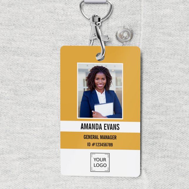 Yellow | Photo Employee Logo or QR CODE Security ID Badge (Yellow and white Photo employee security badge with corporate logo or QR CODE)