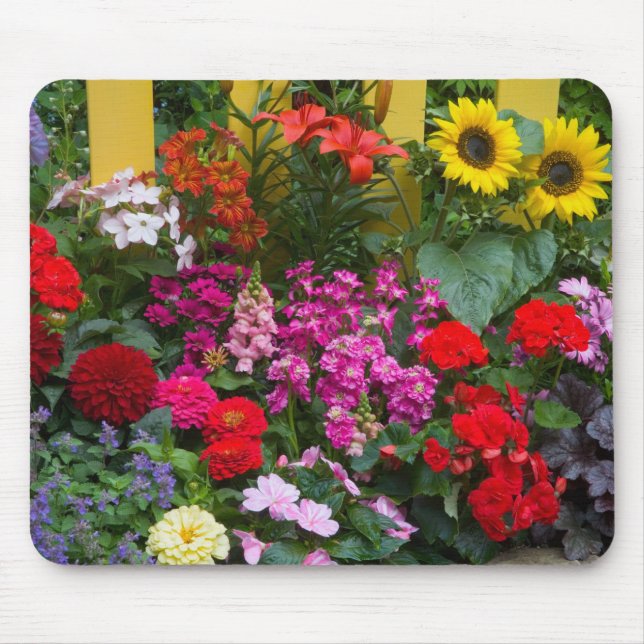 Yellow picket fence with flower garden in mouse pad (Front)