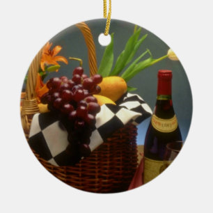 Yellow Picnic basket with wine, cheese, bread and Ceramic Tree Decoration