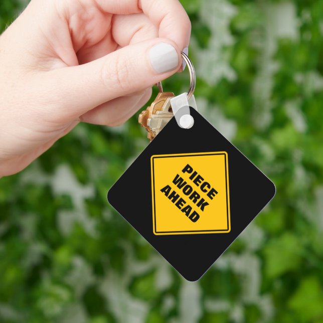 Yellow piece work ahead road personalised sign key ring (Hand)