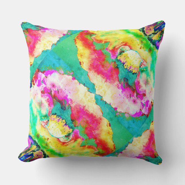 Yellow pink abstract poppy abstract watercolor  cushion (Front)