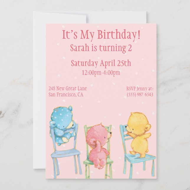 Yellow, Pink, and Blue Bears Birthday Invitation (Front)
