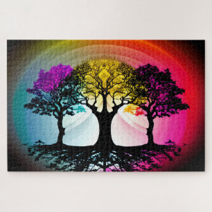 Yellow Pink and Purple Over Black Tree Silhouettes Jigsaw Puzzle