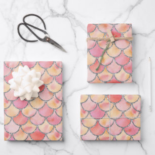 Yellow, Pink and Silver Mermaid Scales   Wrapping Paper Sheet