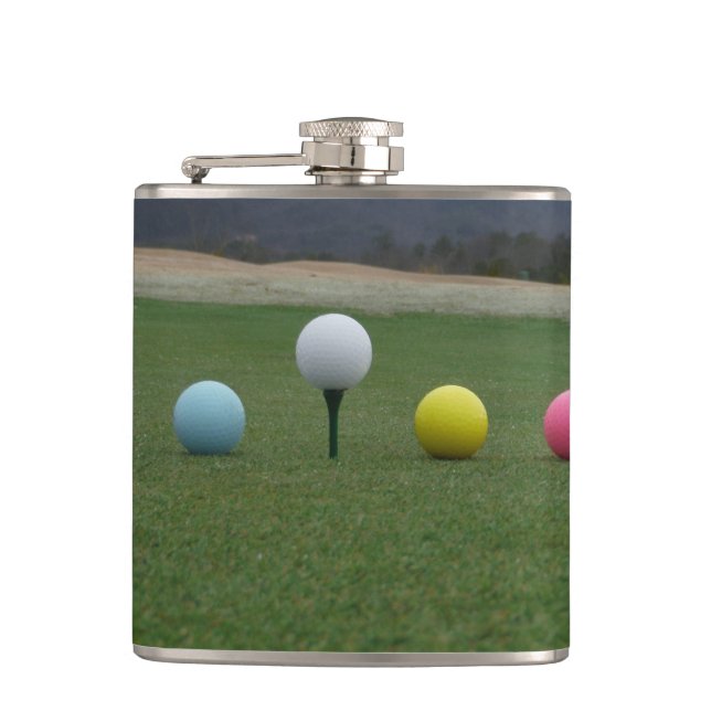 YELLOW, PINK AND WHITE  Golf Balls Hip Flask (Front)