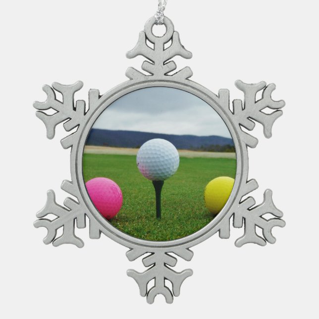 YELLOW, PINK AND WHITE  Golf Balls Snowflake Pewter Christmas Ornament (Front)
