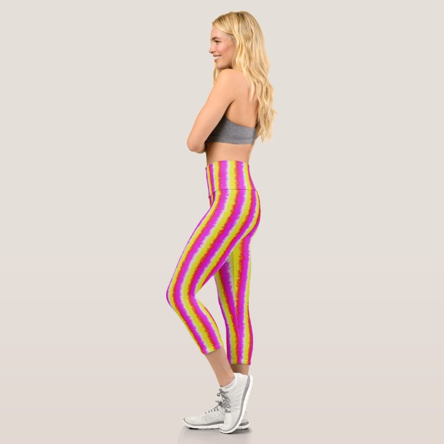 Yellow Pink Artdeco Rainbow Stripes Capri Leggings (Left)