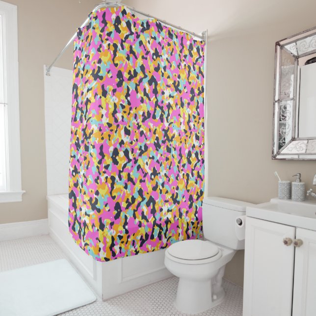 Yellow Pink Black Blue Camouflage Camo Pattern Shower Curtain (In Situ)