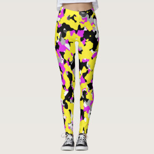 Yellow Pink Black Grey Camouflage Camo Pattern Leggings