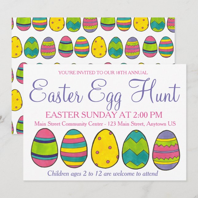 Yellow Pink Blue Painted Easter Basket Egg Hunt Invitation (Front/Back)