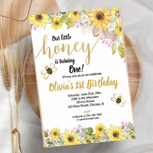 Yellow Pink Bumble Bee Sunflower 1st Birthday Invitation