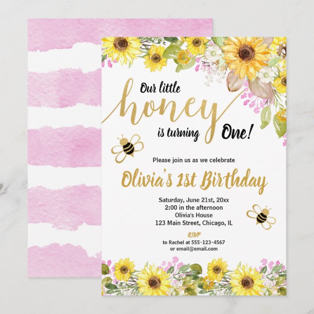 Yellow pink bumble bee sunflower girl 1st birthday invitation (Front/Back)