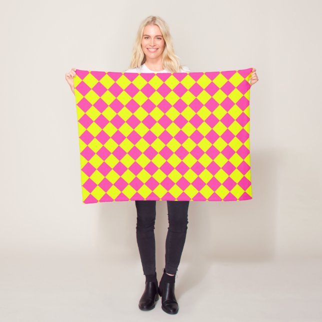Yellow Pink Chequered Pattern Fleece Blanket (In Situ)