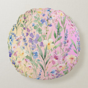 Yellow Pink Colourful Flowers Round Cushion