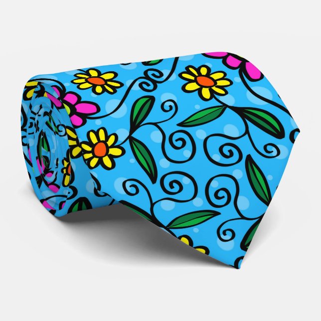 Yellow pink daisies, flowers with blue background tie (Rolled)