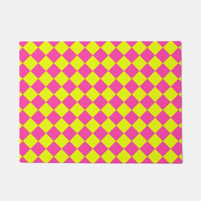 Yellow Pink Diamond Chequered Pattern Doormat (Front)