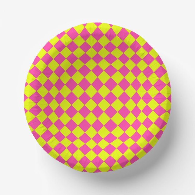Yellow Pink Diamond Chequered Pattern Paper Plate (Front)