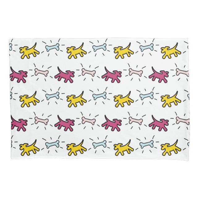 Yellow Pink Dogs B Bones Graffiti Style Pillowcase (Front)