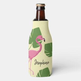 Yellow Pink flamingo Name Custom Bottle Cooler