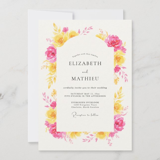 Yellow Pink Floral Arch Romance Wedding Invitation (Front)