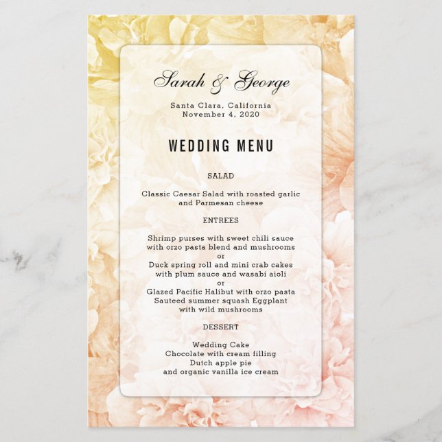 Yellow Pink Floral Background Custom Wedding Menu (Front)
