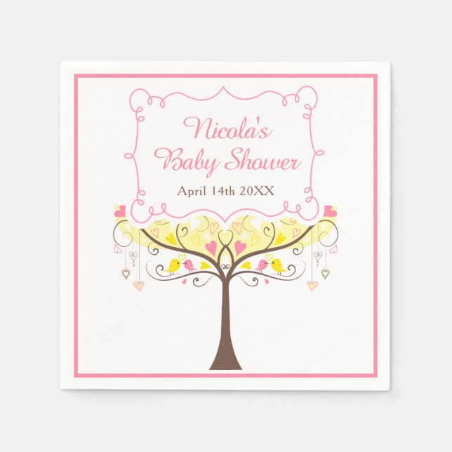 yellow Pink Floral Bird Baby Shower  Napkin (Front)