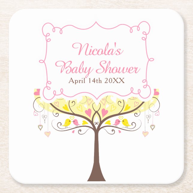 Yellow Pink Floral Bird Baby Shower  Square Paper Coaster (Front)