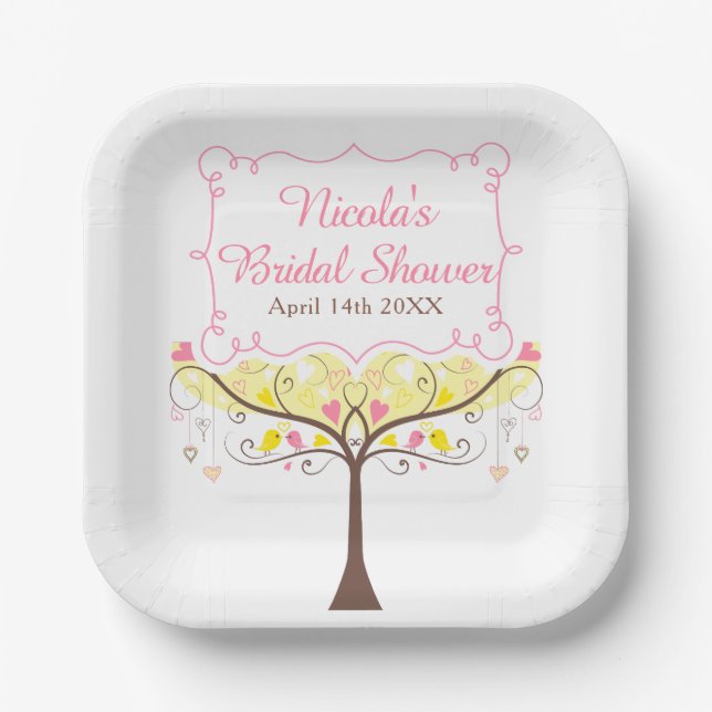 Yellow Pink Floral Bird Bridal Shower  Paper Plate (Front)