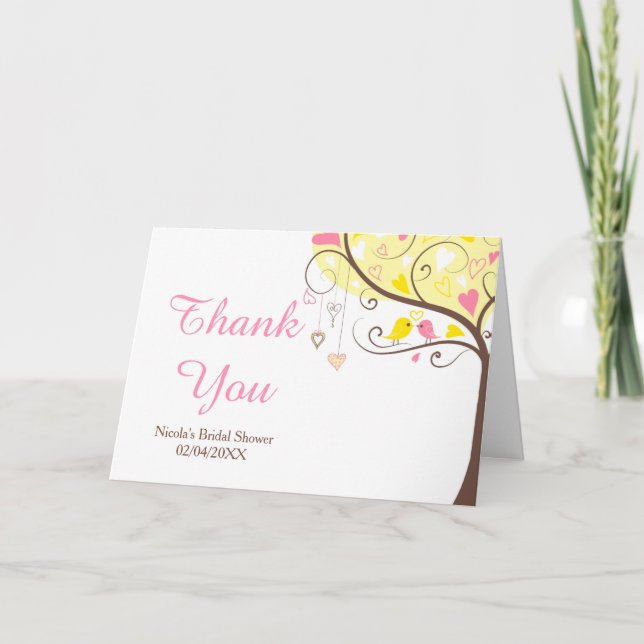 Yellow & Pink Floral Bird Bridal Shower Thank You Card (Front)