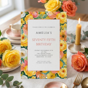 Yellow Pink Floral Border 75th birthday party Invitation