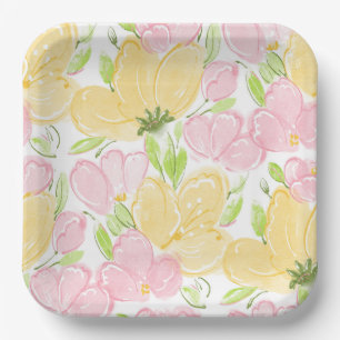 Yellow Pink Floral Paper Plates, Botanical Flowers Plate