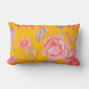Yellow & Pink Floral Print Lumbar Throw Pillow