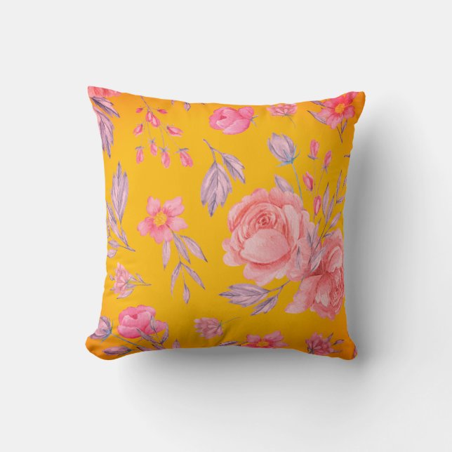 Yellow & Pink Floral Print Throw Pillow (Front)