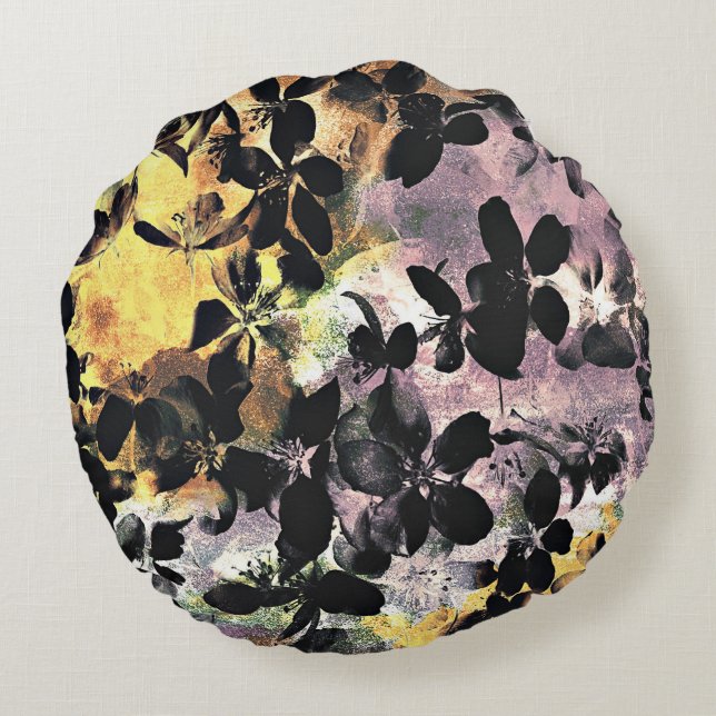 Yellow pink flower pattern floral digital art round cushion (Back)