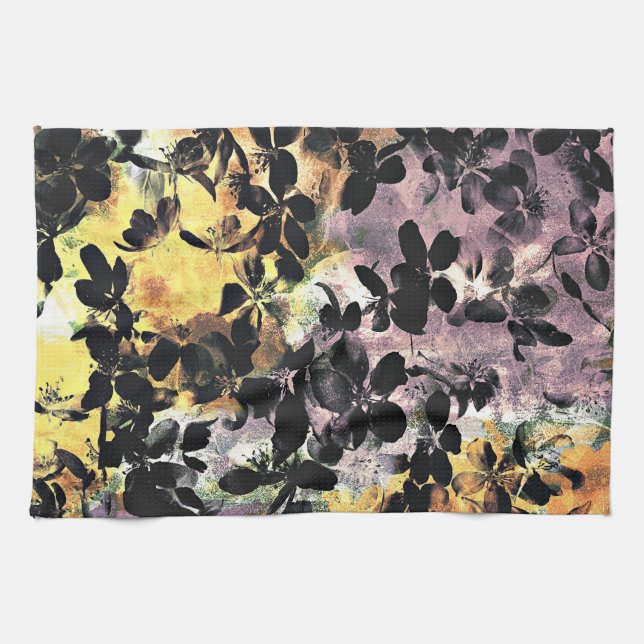 Yellow pink flower pattern floral digital art tea towel (Horizontal)
